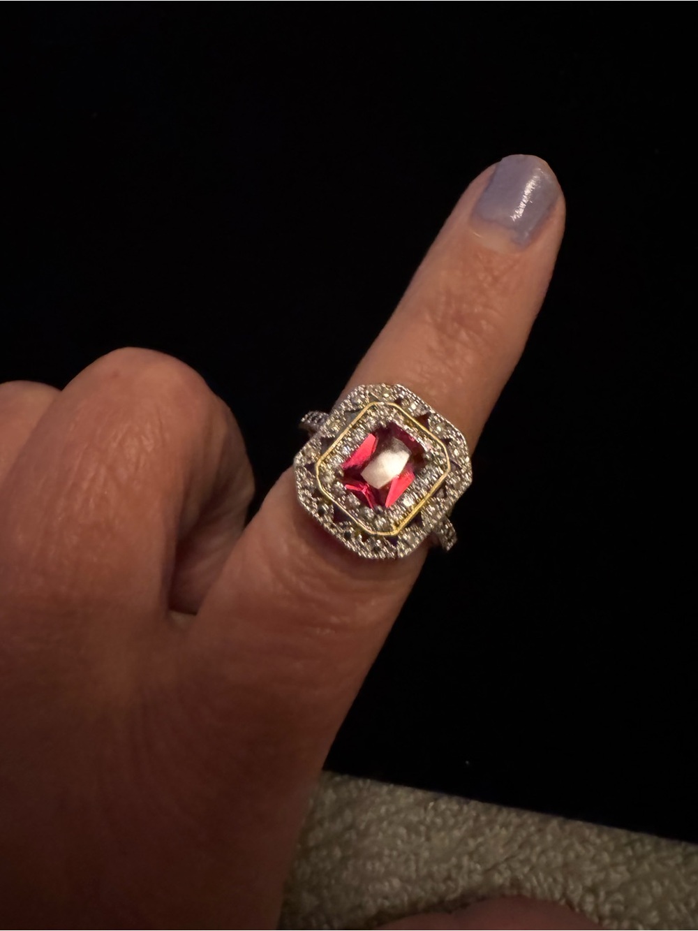 Red Centerstone Halo Ring with Silver and Gold Accents - Unbranded